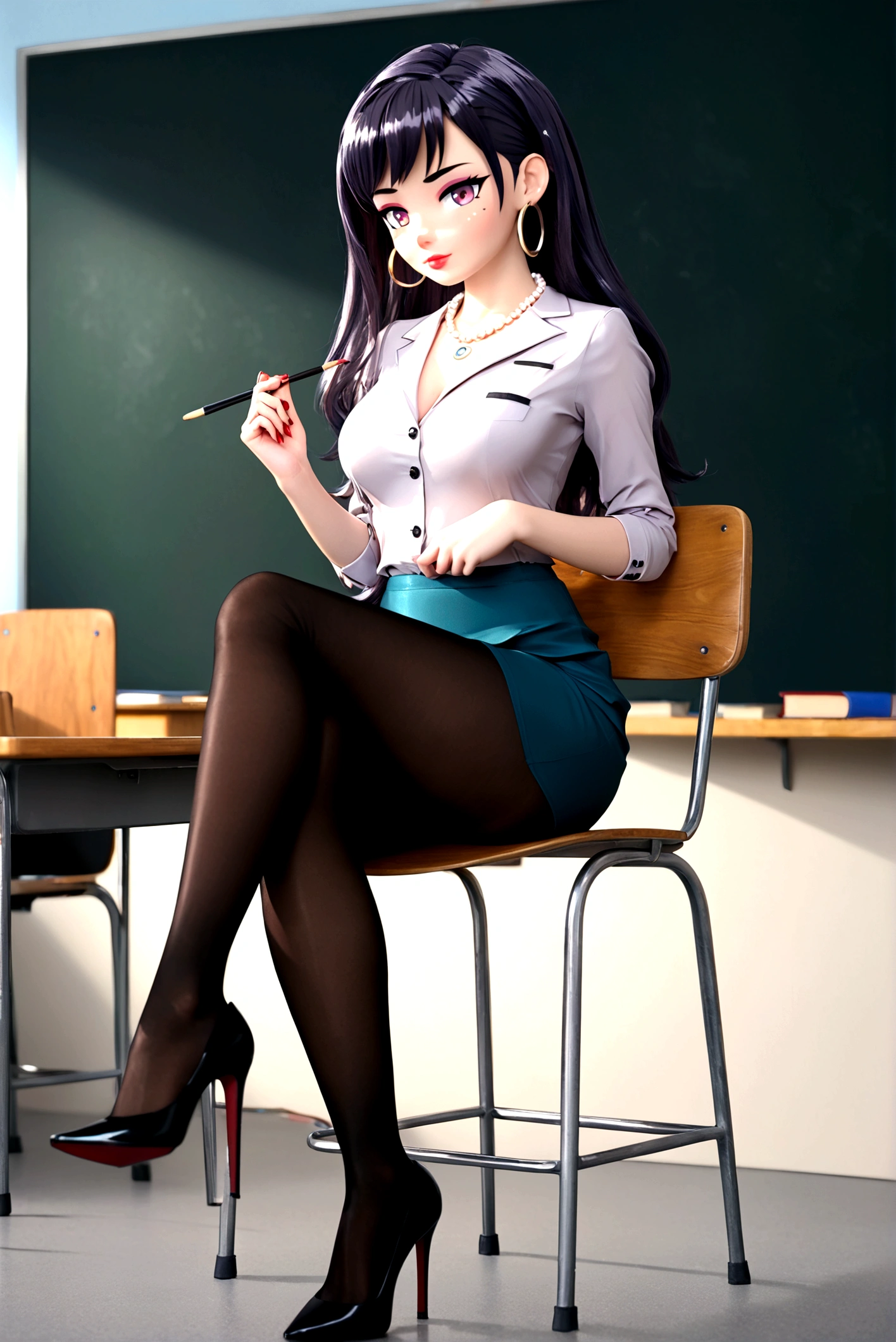 Teacher, (((twirling and playing with her Long_wavy_black_hair_bangs))), (((dark hair looks like 20 yr old Bettie Paige))), brown pantyhose, (brown_Blazer uniform_brown, school shirt, Burberry plaid_skirt, tie_black, must wear brown pantyhose tights (open legs, spread legs), up-skirt, sitting (((legs are crossed, skirt is lifted, pantyhose butt is exposed out of bottom of skirt))), (((legs crossed in sexy brown high gloss sheer pantyhose, grabbing hem of her skirt and lifting, skirt lift, pointy Christian Louboutin high heels (((shoe dangle, high heel dangles from the top of her foot))), Sexy model wearing a skimpy preppy outfit, with big hoop earrings, a pearl (large pearls) necklace, sheer tan (light brown) high gloss pantyhose, and Christian Louboutin (pointy black, shoe dangle), (((she sits on top of her desk with her legs crossed dangling her high heel shoe from her foot))) high heel hangs off foot like image, setting: rich hardwood floor, classroom, blackboard with chalk writing in background 