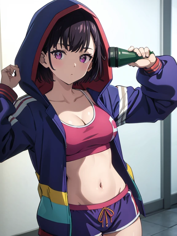 (((masterpiece))), ShizukaMikazuki, 1girl, solo, looking at viewer, short hair, black hair, navel, holding, cleavage, medium breasts, purple eyes, jacket, open clothes, midriff, hood, open jacket, hoodie, bottle, blue jacket, hooded jacket, hood up, sports bra, drinking, water bottle, multicolored jacket,