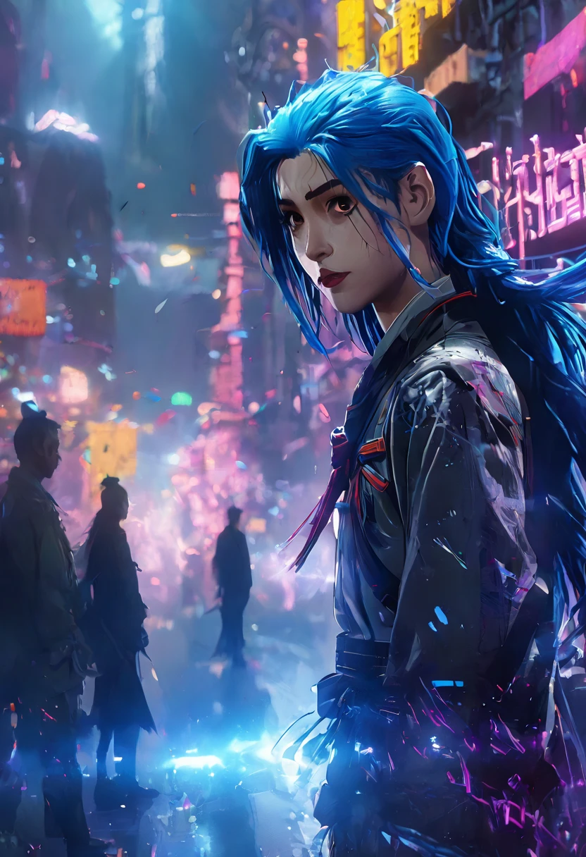 (Masterpiece, 8K, UHD, high resolution: 1.4), Jinx in the Spider-Verse style, (long, vibrant blue hair: 1.3), (bright and expressive eyes: 1.2), (stylized punk outfit with technological elements: 1.2), (dynamic and energetic pose: 1.2), (background with a futuristic and neon city: 1.1), (cartoon effects and layered graphics: 1.3), (vibrant and electrifying atmosphere: 1.3), intricate and stylized details, (elements of fantasy and action: 1.2), (dynamic and captivating perspective: 1.3)