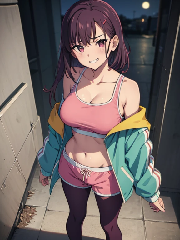 1girl, alone,masterpiece, best quality, shizuka mikazuki, hairclip, pink sports bra, cleavage, pink shorts, short shorts, blue and green jacket, large breasts, standing, from above, off-shoulder, from above, furrowed brow, grin, looking at viewer, night sky, alleyway, purple leggings,medium breasts, medium waist, wide hips, medium thighs, excellent anatomy, good hands