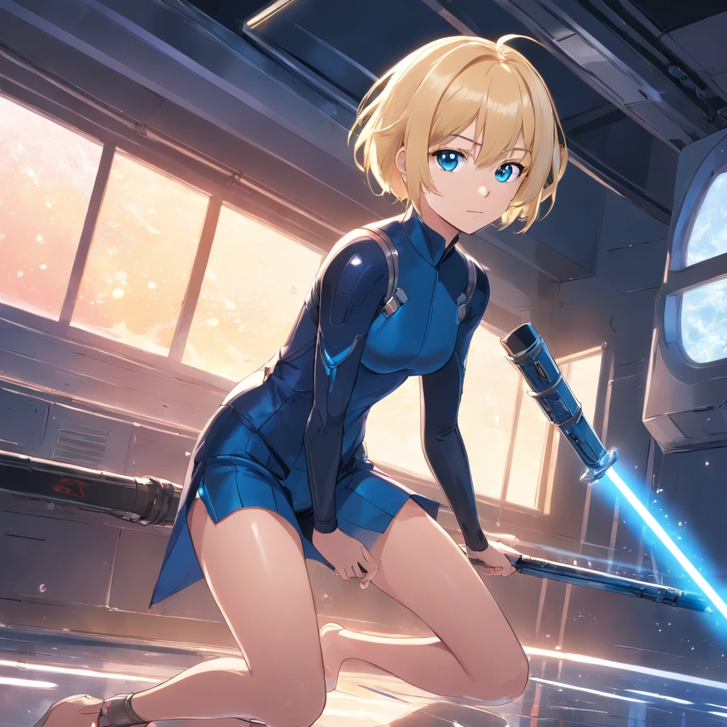  Women, ((Blonde)), ((Blue eyes)), ((Short hair)), ((Full shot)), very detailed makeup, pale pink lipstick, wear sexy black body suite, standing in a Battlestar in front of a space window, she has a light saber qnd her actitude is defensive, she has a defeated enemy at her feets ((wet floor))