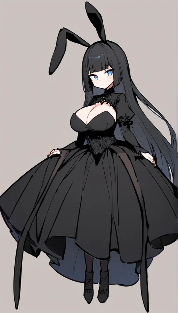 Full body illustration of a girl with very large breasts。Hime cut with long black hair、She has straight bangs and blue eyes.。She is wearing a black Gothic ta dress、Very long black rabbit ears hanging down at each side。The breasts are very large。