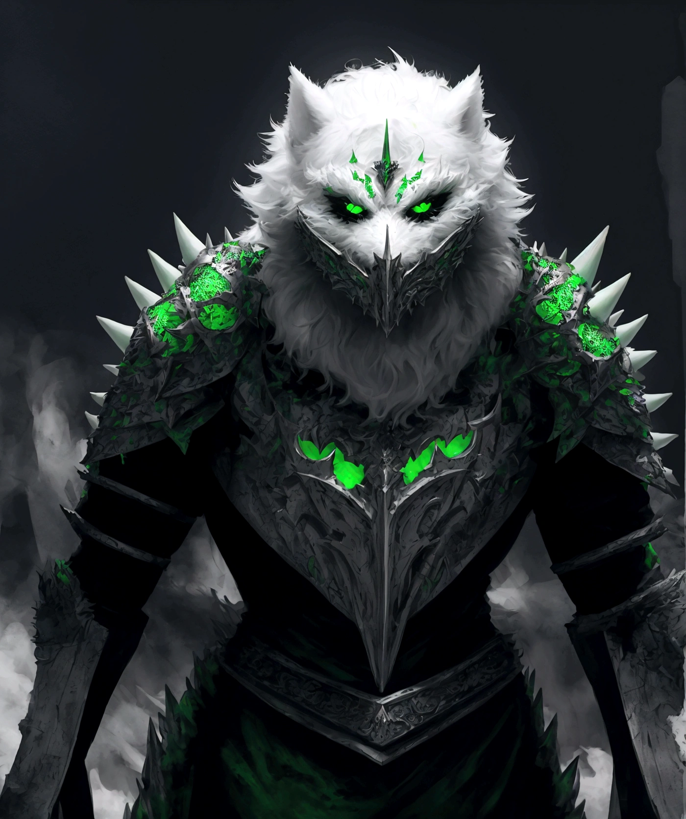 (extremely detailed 8k wallpaper), a medium shot photo of Grim dressed as a scary masked white and green furry-supervillain in a white and green spiked armour made of fur glowing armour with spikes from marvel, theme, intricate, high detail, dramatic, furry monster and destroyed buildings in the background