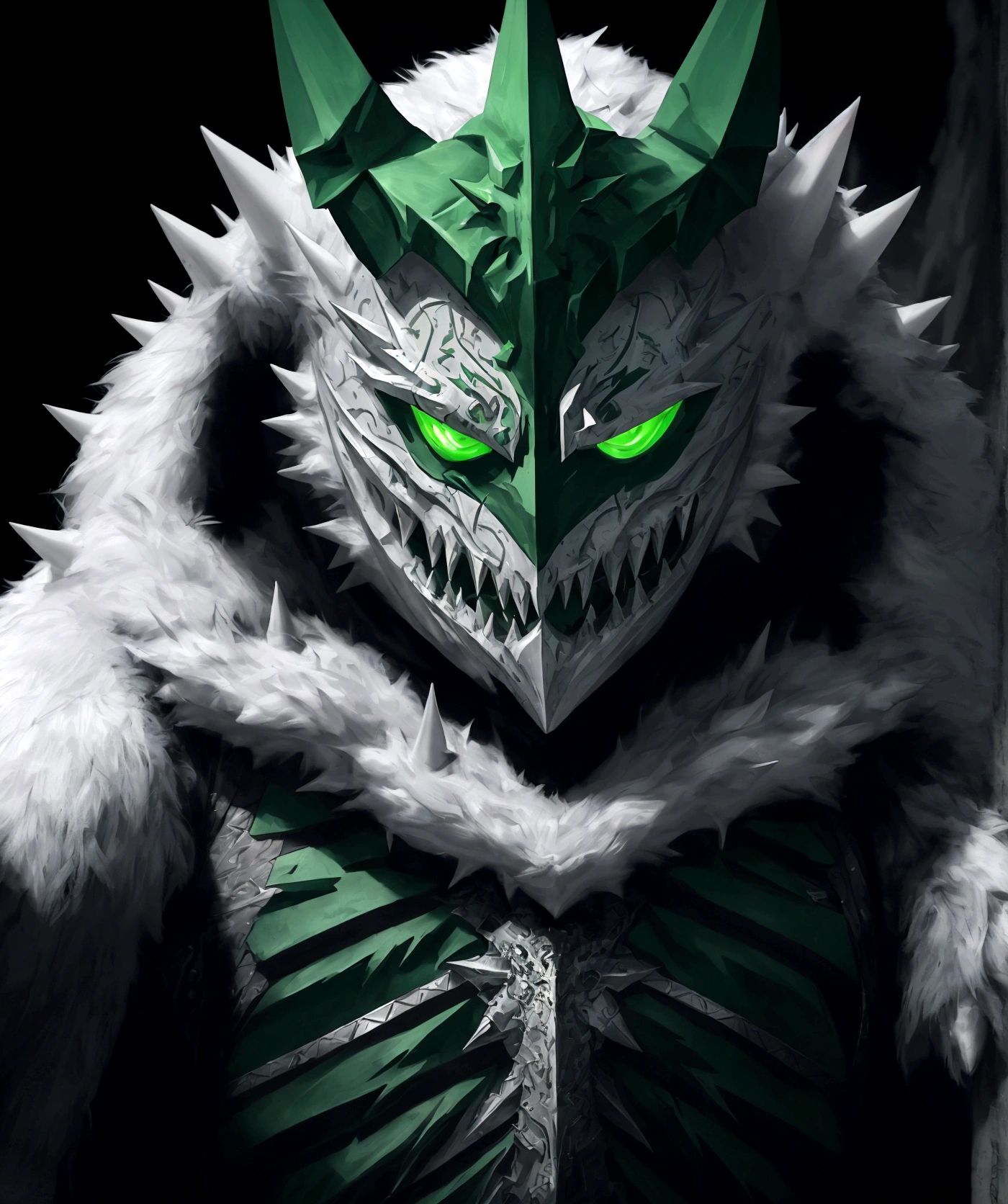 (extremely detailed 8k wallpaper), a medium shot photo of  Grim dressed as a scary masked white and green furry-supervillain in a white and green spiked armour made of fur glowing armour with spikes from marvel, theme, intricate, high detail, dramatic, furry monster and destroyed buildings in the background