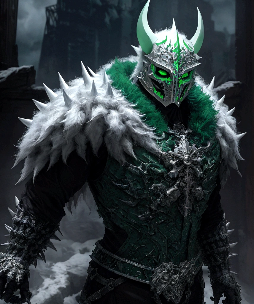 (extremely detailed 8k wallpaper), a medium shot photo of Grim dressed as a scary masked white and green furry-supervillain in a white and green spiked armour made of fur glowing armour with spikes from marvel, theme, intricate, high detail, dramatic, furry monster and destroyed buildings in the background