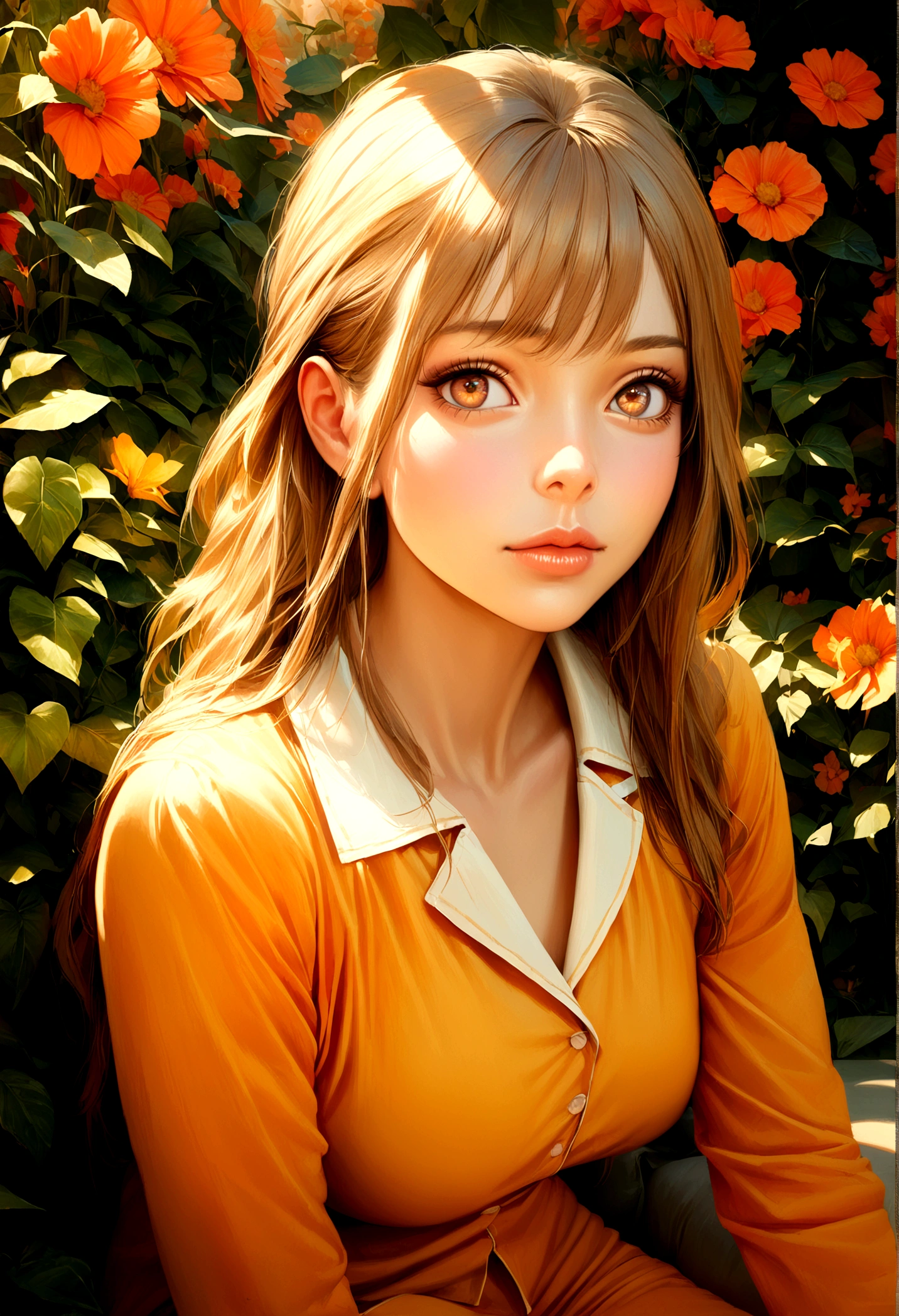 1 girl, long golden hair, brown eyes, small nose, wearing pajamas, beautiful detailed eyes, beautiful detailed lips, extremely detailed eyes and face, long eyelashes, peaceful expression, sitting in a garden, surrounded by flowers, natural sunlight, vibrant colors, warm color palette, highly detailed, photorealistic, 8k, best quality, masterpiece