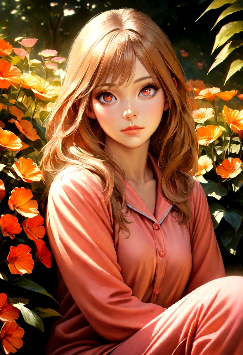 1 girl, long golden hair, brown eyes, small nose, wearing pajamas, beautiful detailed eyes, beautiful detailed lips, extremely detailed eyes and face, long eyelashes, peaceful expression, sitting in a garden, surrounded by flowers, natural sunlight, vibrant colors, warm color palette, highly detailed, photorealistic, 8k, best quality, masterpiece