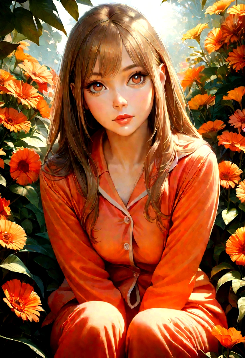 1 girl, long golden hair, brown eyes, small nose, wearing pajamas, beautiful detailed eyes, beautiful detailed lips, extremely detailed eyes and face, long eyelashes, peaceful expression, sitting in a garden, surrounded by flowers, natural sunlight, vibrant colors, warm color palette, highly detailed, photorealistic, 8k, best quality, masterpiece