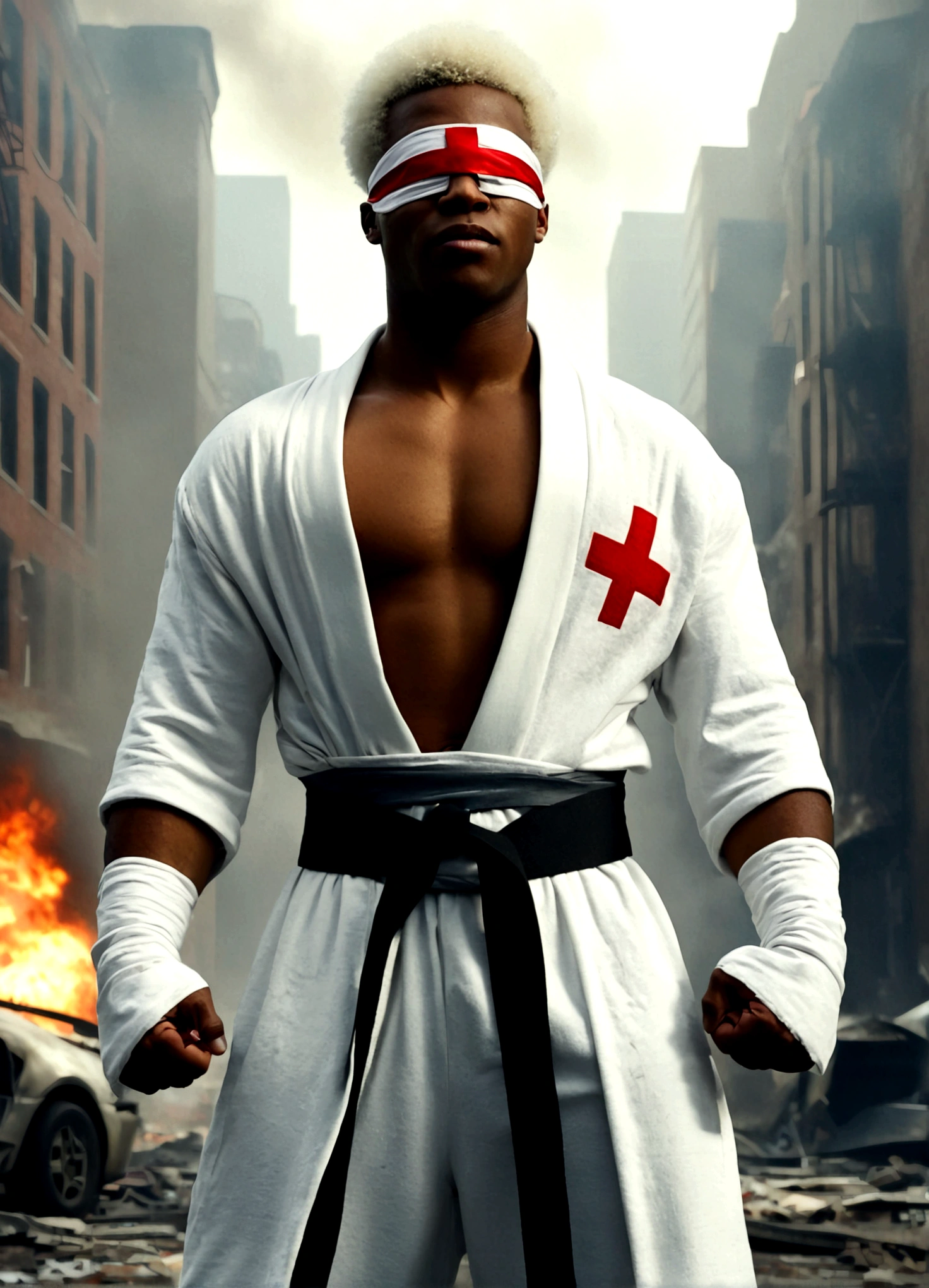 sci-fi cinematic A young african american man with short White Afro hair wearing a white blindfold with a red cross on it slightly muscular wearing a white robe and a giant black belt with a white cross on it wearing a white sweatpants, cinematic Highly detailed the man is in the city vfx background city street fire and car wrecks Abandoned buildings, movie scene film with a smiling expression as he stands on the street with a confident fighting pose