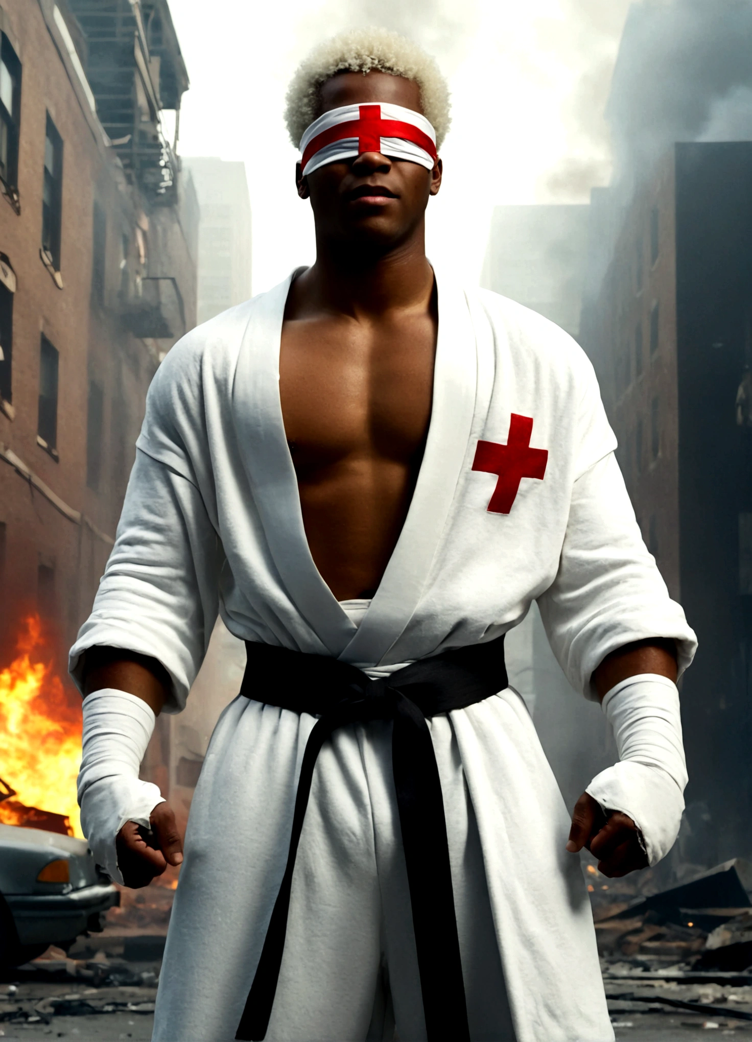 sci-fi cinematic A young african american man with short White Afro hair wearing a white blindfold with a red cross on it slightly muscular wearing a white robe and a giant black belt with a white cross on it wearing a white sweatpants, cinematic Highly detailed the man is in the city vfx background city street fire and car wrecks Abandoned buildings, movie scene film with a smiling expression as he stands on the street with a confident fighting pose