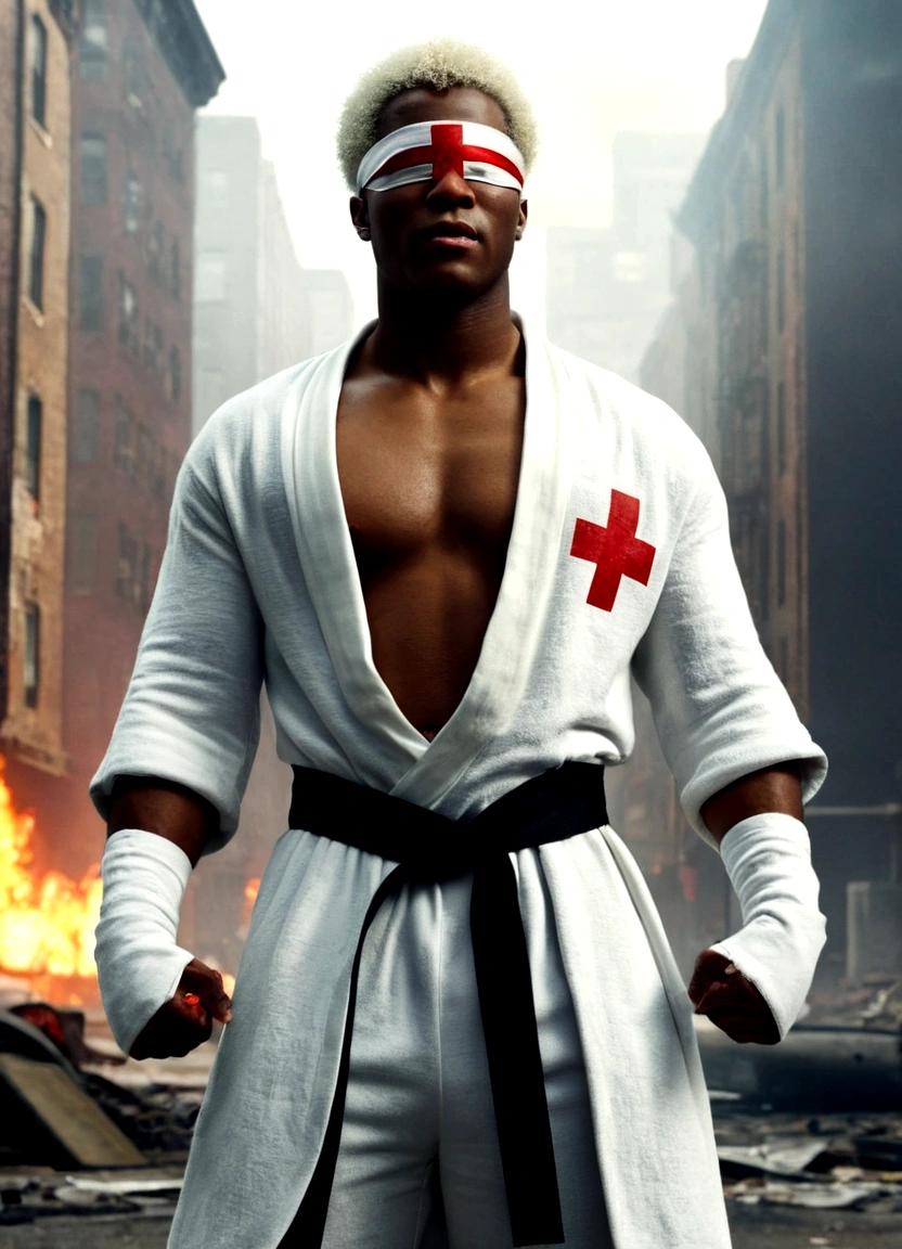 sci-fi cinematic A young african american man with short White Afro hair wearing a white blindfold with a red cross on it slightly muscular wearing a white robe and a giant black belt with a white cross on it wearing a white sweatpants, cinematic Highly detailed the man is in the city vfx background city street fire and car wrecks Abandoned buildings, movie scene film with a smiling expression as he stands on the street with a confident fighting pose