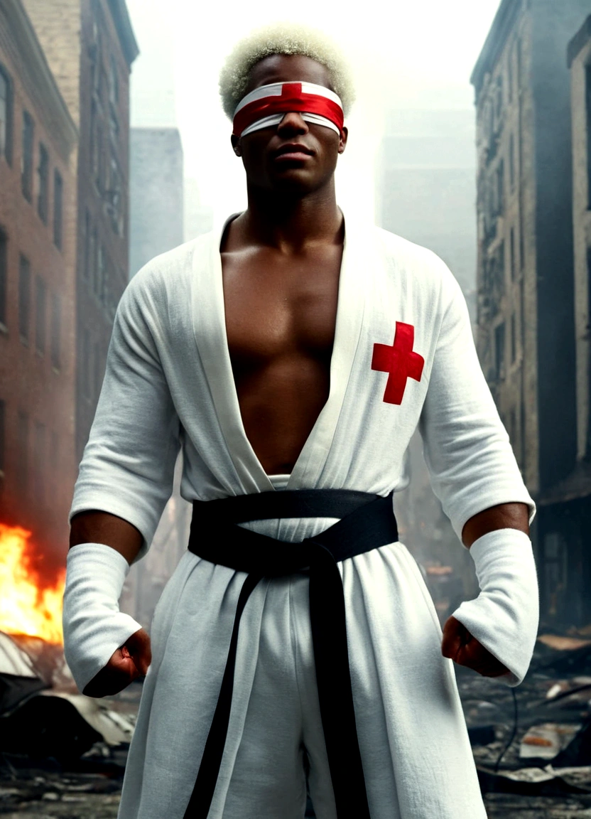 sci-fi cinematic A young african american man with short White Afro hair wearing a white blindfold with a red cross on it slightly muscular wearing a white robe and a giant black belt with a white cross on it wearing a white sweatpants, cinematic Highly detailed the man is in the city vfx background city street fire and car wrecks Abandoned buildings, movie scene film with a smiling expression as he stands on the street with a confident fighting pose