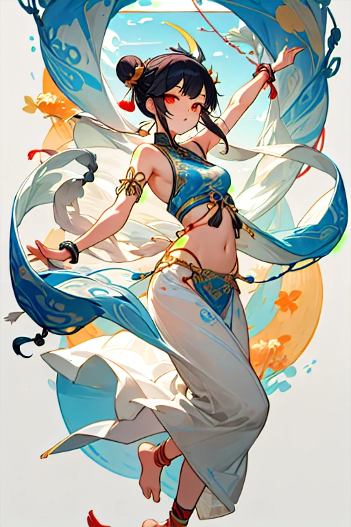 An ancient Chinese beauty stands and dances on the water, gorgeous costumes embroidered with intricate embroidery, flowing tulle,  long colorful ribbons tied on the arms, inspired by Dunhuang Flying Apsaras murals, showing navel, bare shoulders, bare neck, Black curly hair in a high bun with flower hairpins, ribbons on arm rings, wreaths, bracelets, anklets, metal chain tassels on the waist, Mogao Grottoes art, ink painting, cgstation pop