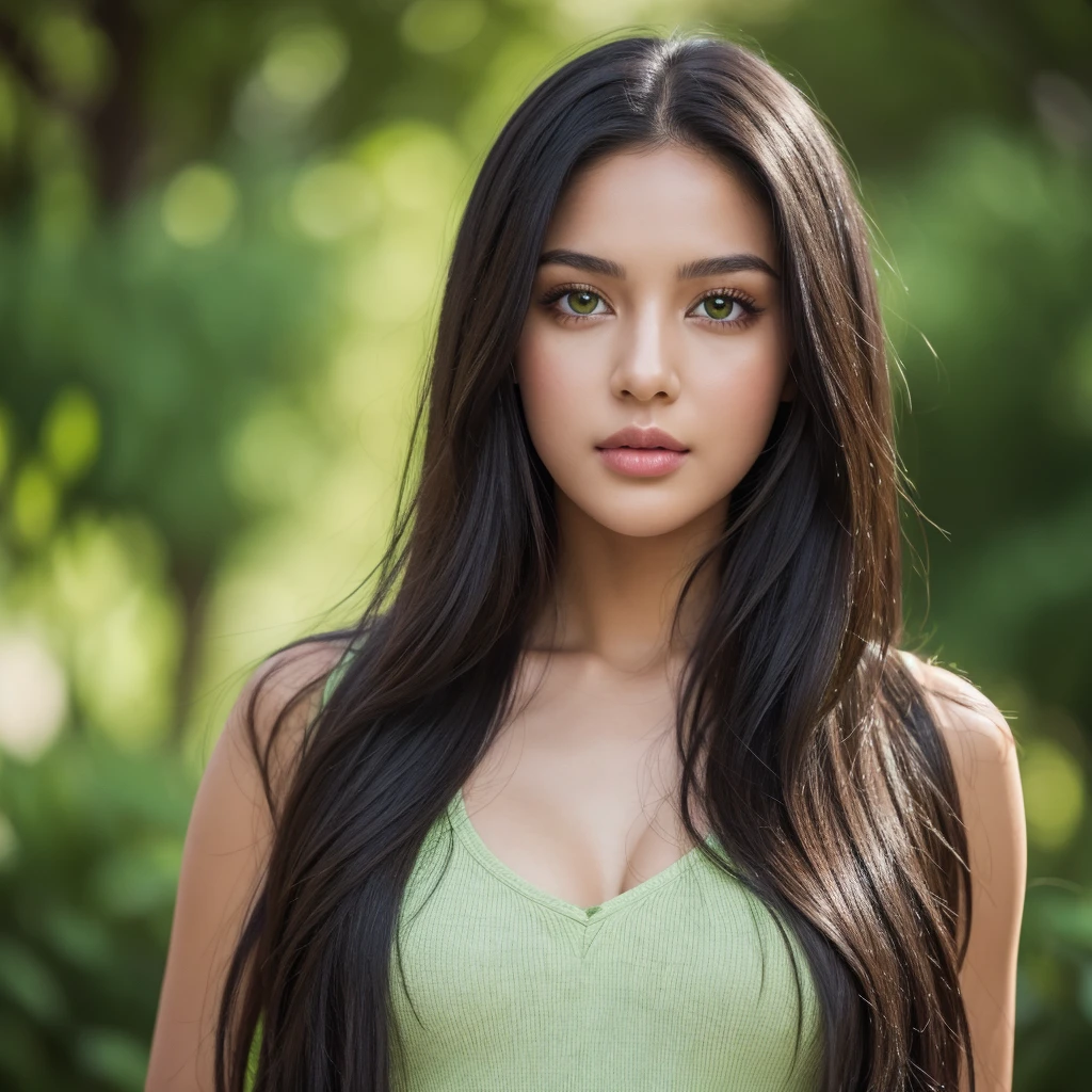 beautiful girl, black hair, striking mouth, fair brown-skinned, Striking green eyes, fully body, looking at the viewer, realist 4k