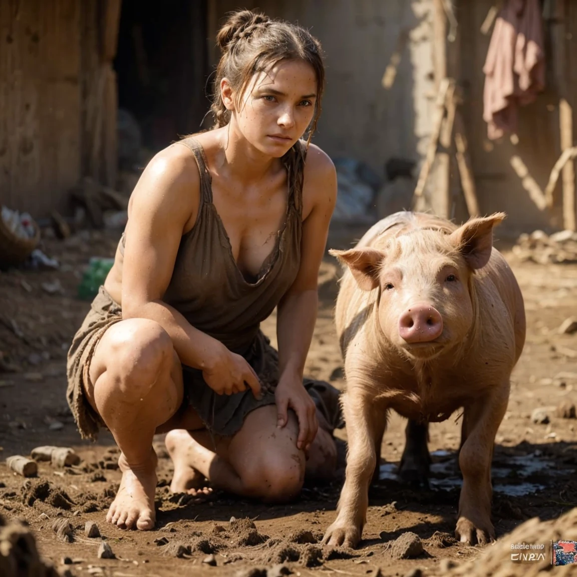 Roman Slave Girl, Slavic Tribe , Working On A Pig Farm, 20 Years Old, Exhausted By Hard Work, A Worn-Out Mare By Hard Labor, Tanned To Black From Dirt And Sun, Barefoot, Ragged, Beautiful But Exhausted Face, Dirty Hair, Somehow Braided, In An Old Torn Sacking That Replaces Her Short Tunic, Leaky And Dilapidated, High Texture Burlap, Body, Rural Italy, Cgsociety Of The Whole Body, Highly Detailed Cgsociety, Realistic Anime In 3d, Cgsociety Artstation, Realistic Anime Style 3d, Anime Style 3d, Dawn