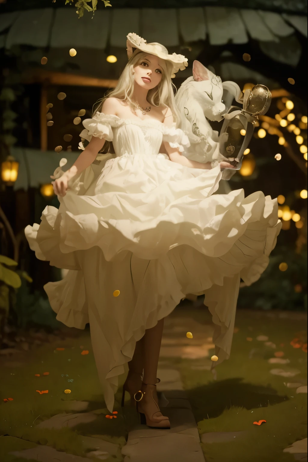 (Best quality, 8k, 32k, Masterpiece, UHD:1.2), "Transform the scene into the whimsical and surreal Wonderland from Tim Burton's Alice in Wonderland movie. Picture a fantastical landscape filled with vibrant colors, twisted shapes, and eccentric details that defy the laws of nature.

The sky is a swirling blend of deep purples and electric blues, dotted with fluffy, oversized clouds. The ground is a patchwork of lush, green meadows and peculiar, brightly colored flowers that seem to have a life of their own. Enormous mushrooms, in a variety of shapes and sizes, tower above, casting curious shadows.

In the distance, you can see the towering, whimsical architecture of the Queen of Hearts' castle, with its heart-shaped turrets and red-and-black color scheme. A winding path, paved with mismatched stones, leads through the landscape, inviting exploration. Along the path, you'll encounter all manner of strange and enchanting creatures, from the mischievous Cheshire Cat, with his wide grin and glowing eyes, to the endearing yet peculiar White Rabbit, always in a hurry.

The trees are gnarled and twisted, with branches that reach out like skeletal hands, some adorned with glowing lanterns and peculiar fruits. The foliage is dense and full of surprises, with occasional glimpses of fantastical creatures peeking through.

The overall atmosphere is one of enchantment and curiosity, with a touch of darkness and mystery, capturing the unique and magical essence of Tim Burton's Wonderland. Every element should be infused with a sense of whimsy and wonder, transforming the setting into a place where the impossible becomes possible." 