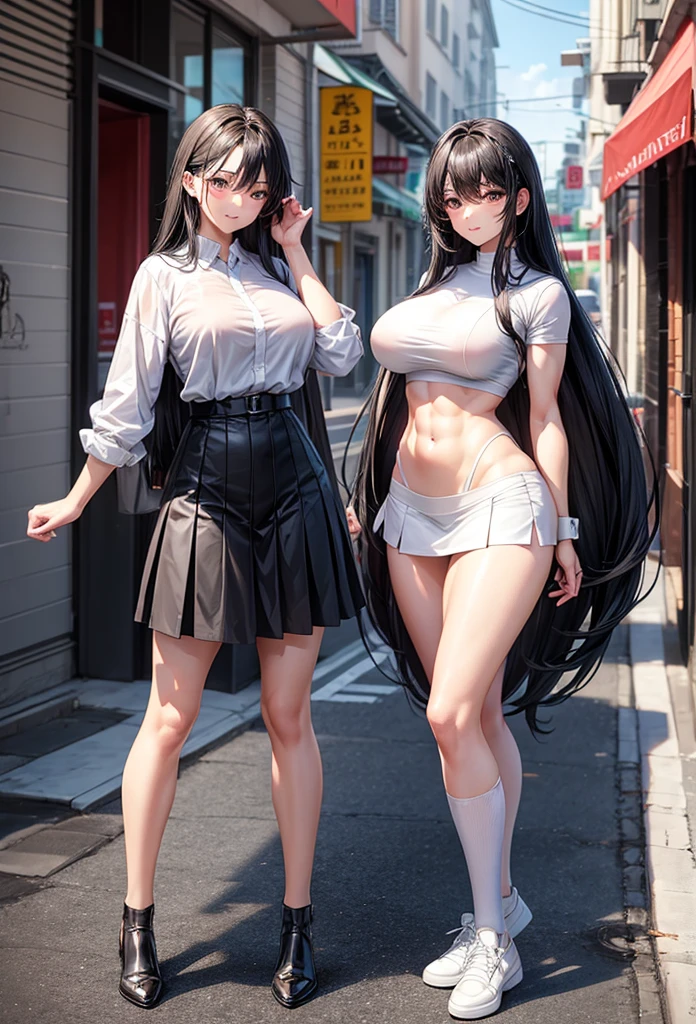 Best quality, Masterpiece, (((2 girls))), Beautiful face, (photo photo:1.3), Edge lighting, (High detail skin:1.2), 8K Ultra HD, SLR camera, High quality, high resolution, 4K, 8K, Bokeh, ridiculous, Optimal proportions,over knee socks,Lifted sweater,short skirt,Leaking out of the thighs,huge tit,leaky belly button,Leaky panties