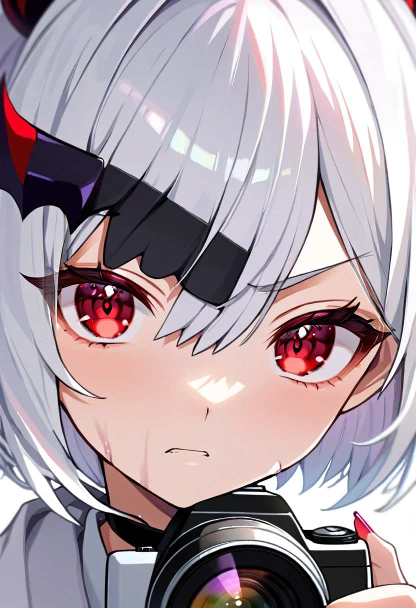 photo(portrait, from the front, close up, facing camera) of a woman(solo, succubus, short hair, wavy hair, white hair, pale skin, small nose, red eyes, cruel face, black horns, sadistic, violent, evil, perverted, grim, cold), hentai game, anime, best quality, masterpiece, maximum detail, high resolution