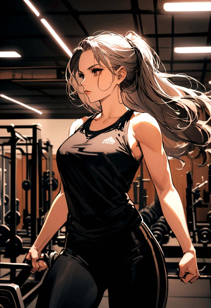 a t-shirt illustration of a female model training intensely in a gym, 24K