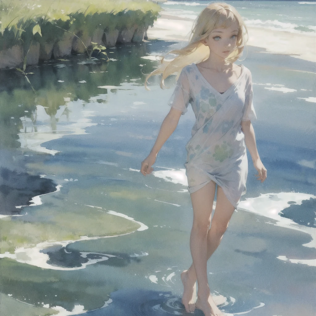 Tranquil voyager girl, in watercolor style, Photorealism, discreet pink and mint shades, barefoot, blonde hair