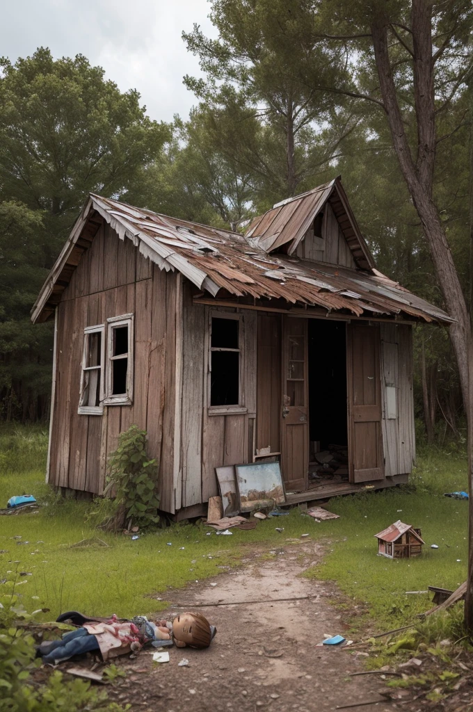 Draw an old abandoned cabin on the island, with broken doors and windows, surrounded by mutilated dolls scattered across the ground and hanging from nearby trees."