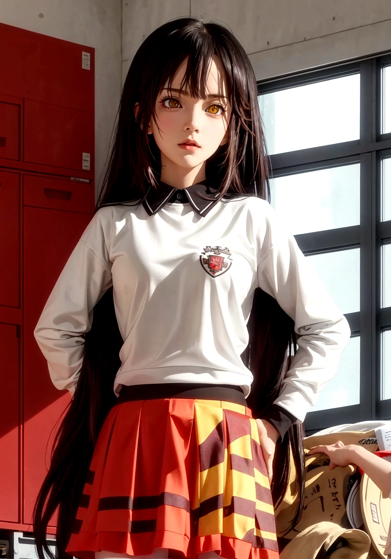 ultra-detailed,highly detailed,best quality,masterpiece,illustration, 
The image features an anime-style character with long, dark hair and heterochromatic eyes—one red and one yellow. The character is wearing a white sports shirt with red accents and a matching red skirt. The setting appears to be a locker room or a sports equipment room, as there are clothes and uniforms hanging in the background. The character's pose, with hands on hips and a slightly tilted head, suggests confidence or curiosity. The lighting is soft, casting gentle shadows and giving the scene a somewhat realistic touch despite its animated nature.