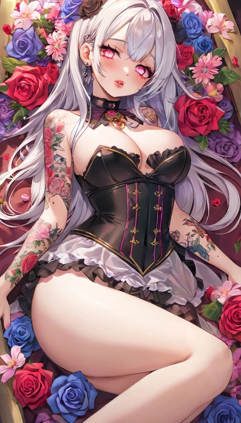 {{{{{16k}}}}}, {{{{{transforming a pure corpse girl into her facial rank and tits rose to the SSS rank of top-notch pretty actresses, She is laid on an coffin of flowers bouquets of flowers are stabbed all over her body and her body becomes more curvy, she is turned into a cutesy flower arrangements, she sleeps and she lost her life the moment she is fully asleep the flower glows absorbs her life blooms more cutely and transforms her corpse into something lovely and capable of eternal necrophilia, Each time she was necrophiliac her tattoos increased the tattoos her waist and underbust became thinner, her breasts become even larger and deeper with cleavage, Her hair is replaced by a bang long glossy very Straight hair, A 10-years-old young girl who was supposed to have died, but was injected with more and more female hormones and Reproduce as underbust and topbust firmness lasciviousness 18-years-old virgin nudity girl of the expression dyed in bewitching eroticism, Grown bodies are reproduced with cheeks so vivid and lips so thick and dark that it is hard to believe they are sexually knowledgeable and sexy looking corpses, She is fitted with a heart collar that puts people into eternal sleep which transforms her into a cute once-in-a-millennium narcotic flower arrangement that becomes her too-cute corpse}}}}},{{Extremely detailed}},{{{{{integrated her head pure small, All the fat from her limbs and waist will move to her swinging tits and slender limbs, Enchanting Too thick and erotic lips, Her thickened lips shimmer with luster, A cutely girl's soul-draining white eyes}}}}},{{{{{Her tattoos spread all over her body, She is tattooed with lewd flowers on her neck, arms, lower abdomen, thighs, Flower piercings are attached all over her body}}}}}