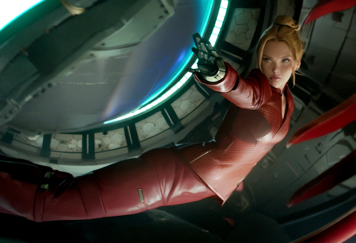 Arafed woman in a red leather jacket holding a green circular object, Kristanna Loken, film Frame of the Avengers, an Epic Sci-Fi Movie Still, Epic Sci-Fi Movie Still, Frame of the Avengers, science fiction movie still, in a science fiction movie, wonder movie still, as a retrofuturistic heroine, science fiction movie frame, Still image from IMAX movie