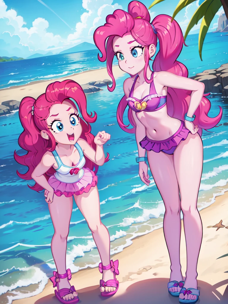 Pinkie Pie, 1 girl, Equestria Girls, magenta hair, long ponytail, blue eyes, pale skin, wet body, shiny body, small, masterpiece, athletic body, full body, smilling, ((magenta frilly bikini, flip flops)), beach, clear sky, standing, hentai