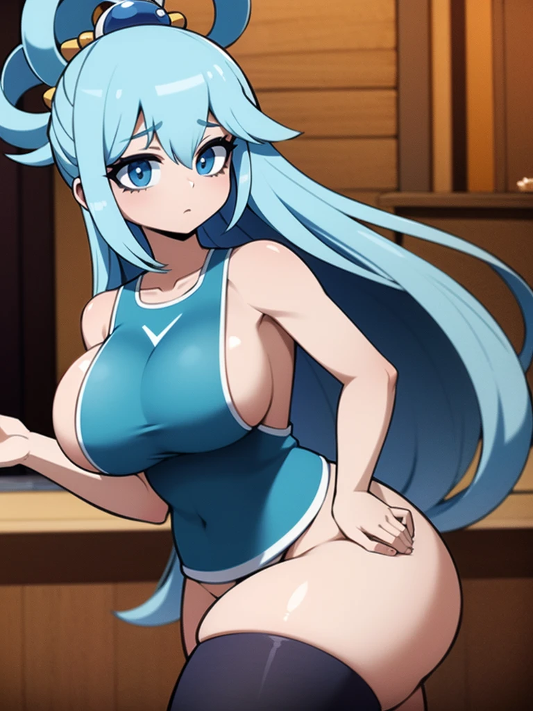 Chic quality, 1 girl, Aqua Konosuba, blue hair, huge breasts, middle thighs, (white apron、Naked apron)