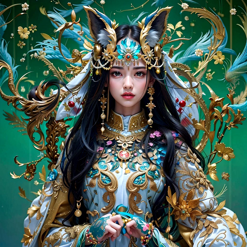 Close-up of a woman in a costume with green feathers in her hair, Beautiful fantasy empress, ((Beautiful fantasy empress)), Beautiful character drawings, Ultra-detailed fantasy characters, 8k high quality detailed art, Digital fantasy art ), Chinese Fantasy, Jean J.., Fantasy art style, palace , Girl in Hanfu, goddess. Extremely high detail