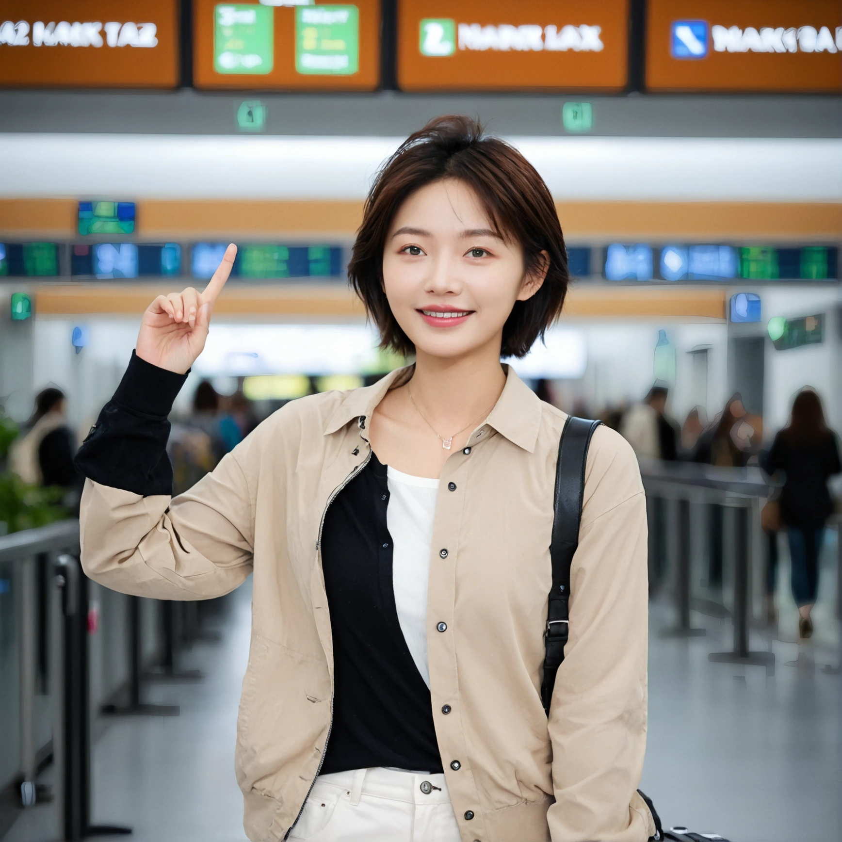 beautiful korean girl , 32 inch chest size, Your eyes are big and pretty. Short in stature. Standing in the departure hall of the airport. . short medium hair, Standing in line at the departure hall of Frankfurt Airport, Germany. He wore a white shirt, a green jumper, and white casual pants.s.Dragging a suitcase. short medium hair, short height, Full body shot with Canon camera 16-35 wide angle lens, short medium hair. expressionless, full body shot, Express your fingers perfectly, perfect fingers, Make the airport electronic display visible, 멀리 full body shot, uhd