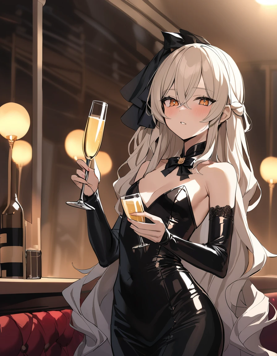 14 year old prostitute in a tight dress with the look of a mistress, with a glass of champagne in hands