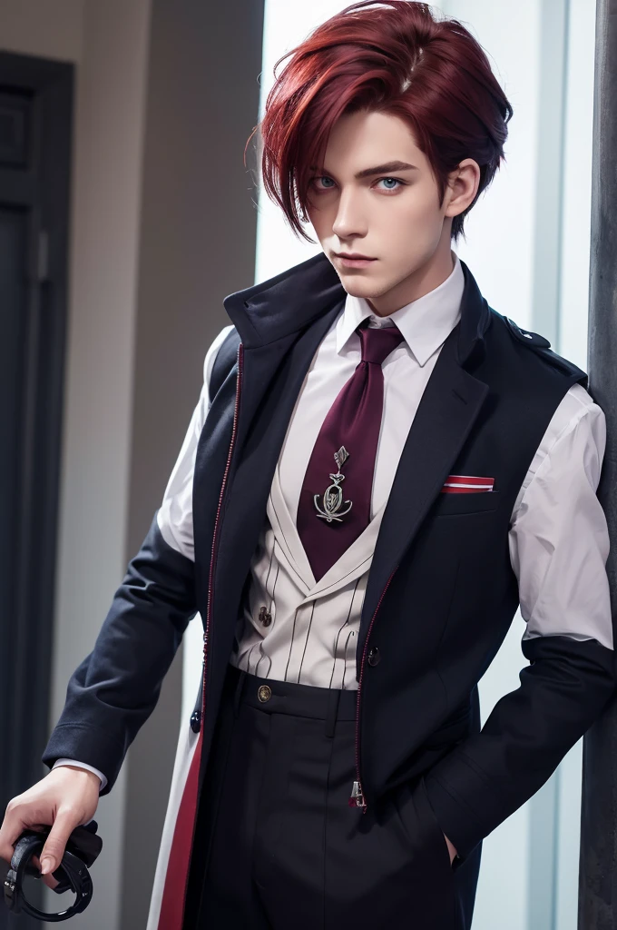 male, wine red hair, purple tips, single knot, green eyes, navy blue and gray sleeveless innerwear with emblem with red line, black pants, navy jacket, black fingerless gloves, white line A long black coat with a emblem, a key necklace, Lauren_Iroas