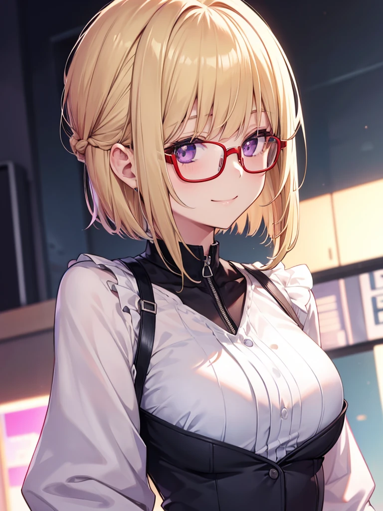 1 female、blonde、bangs、Bobcut、Straight hair、Chignon hairstyle、Purple Eyes、Red Rim Glasses、smile、From the side、wear a rider&#39;Jacket、Long sleeve、gloves、Building roof、Blowing in the Wind、blue sky、Upper body close-up、Sharp contours