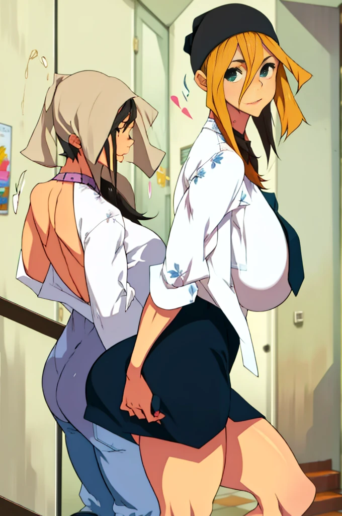 A high school girl with a huge futanari erection and no panties urinates on the stairs