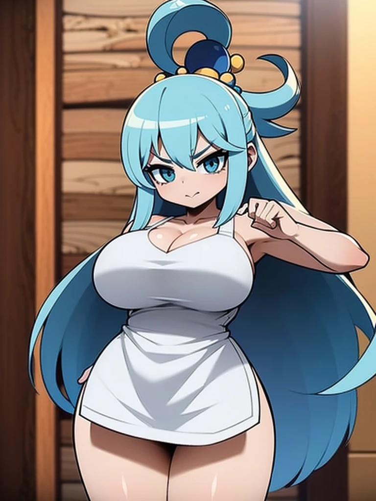 Chic quality, 1 girl, Aqua Konosuba, blue hair, huge breasts, middle thighs, (white apron、Naked apron)
