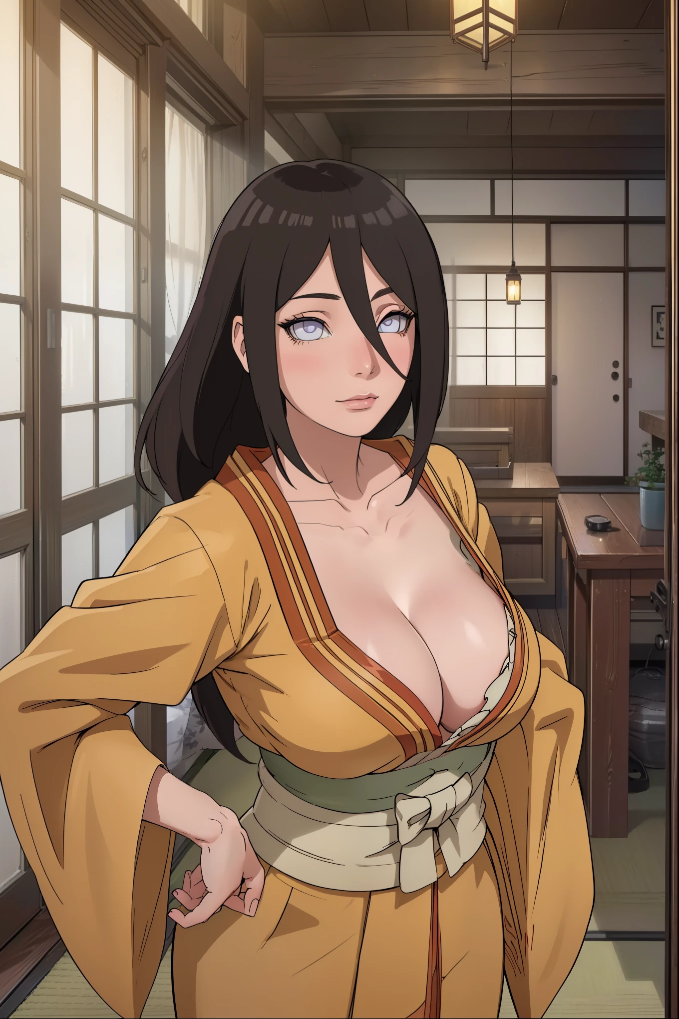 (masterpiece:1.2, best quality:1.2, beautiful, high quality, highres:1.1), detailed, extremely detailed 4K, perfect eyes, perfect face, perfect lighting, (1girl, solo, adult female, mature female), thin, Hanabi Hyuga, big breasts, ((traditional japanese indoor, yellow kimono, slight view of cleavage))