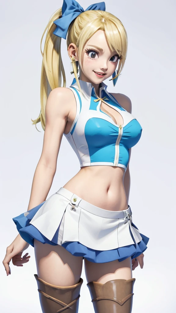 Lucy Hartphilia,a blond,Long hair,side ponytail,blue ribbons,Earrings,thigh boots,blue,sleeveless shirts,White skirt,Thin leg,s whole body, (Best Quality,4k,8K,high resolucion,Masterpiece:1.2),Ultra-detailed,realisitic:1.37,Vivid colors,studio lit, thin body, teeth, Lovely smile, Cute, Standing, black outline, thick outlines, No background