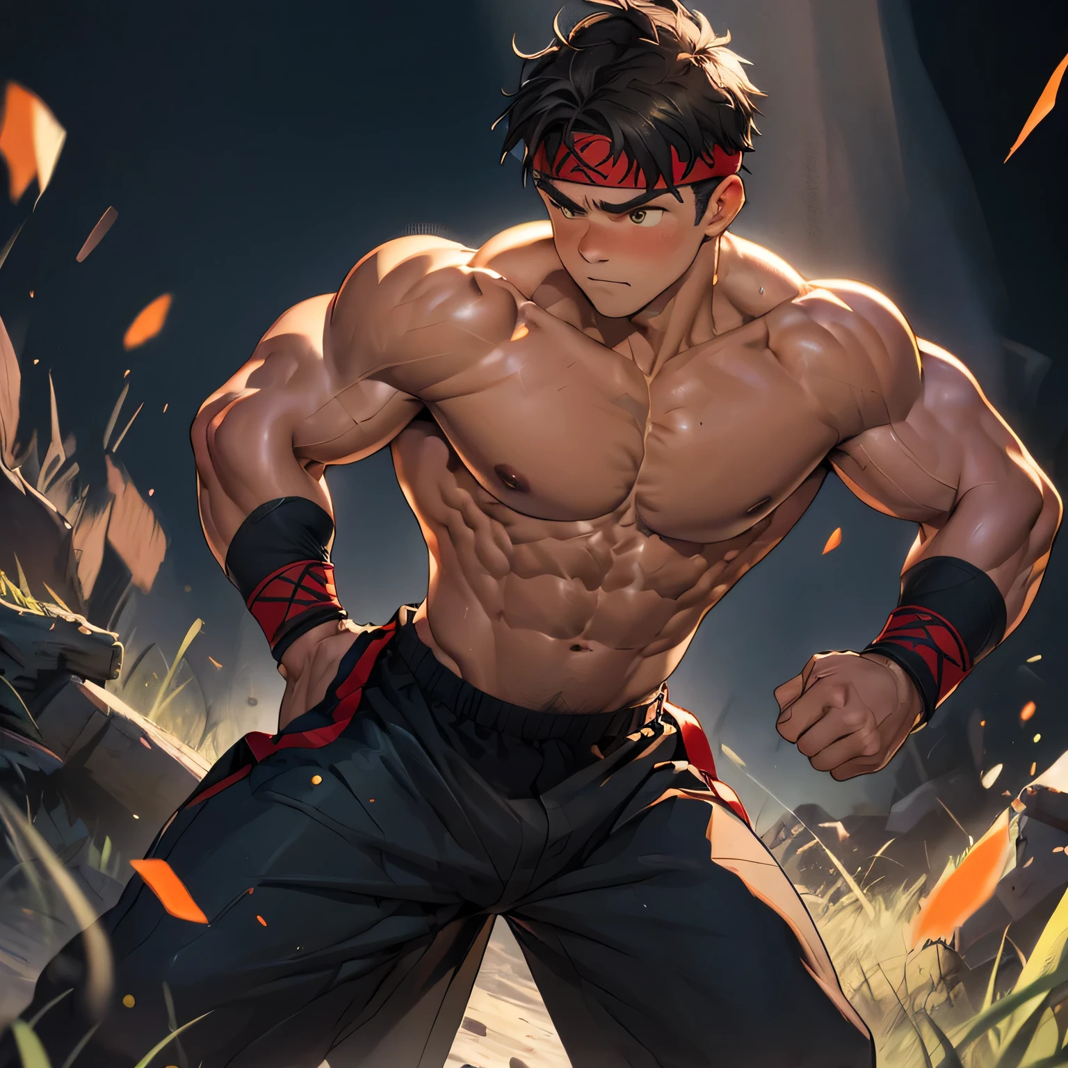 (Masterpiece, Best quality, high resolution, boy, night, black background, cowboy shot, looking away), ((((solo)))), Young, boy, muscler, Shirtless, (Dark Short straight hair, short bangs, ((almost completely shaved hair)), under cut, brown eyes), (red headband, ((fingerless grobe, black wristband))), ((hot Abs:1.2, big breast:1.2, upper arms, ((beautiful skin, jacked muscle, beautiful musculature, aesthetic striations, inspirational physique, lean muscle, beautiful v-taper, great abs and torso, chiseled abs, chiseled pecs)))), Vivid colors, detailed face, detailed muscle, (((rippling muscles, struggle, combats, fighting pose, serious, battle, martial arts stance, ready to fight, in fight with huge fat ork)))