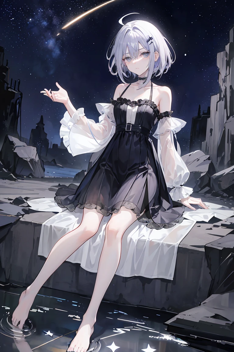 Light purple gradient hair,Asymmetrical hair,((Thick hair 1.8,Clear head outline 1.6)), Shoulder-length hair, Messy hair,, Shiny hair,(Short gray hair:1.2),boy,boyboyboy(Luxury Platinum Mini Lolita,Made of transparent material),(Transparent clothes transparent 1.8),Perfect body,High,Slender,(Looks sad,Looks haggard、Looks haggard、Pale nipples ,Grief,shut your mouth:1.2) Against the background of an unusually bright dark starry sky,stand up(Put your hands behind you),,barefoot,float,water surface,(Long Law,Long Law,Long Law,Complete),full-body shot