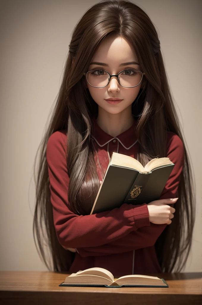 3D poster of a long-haired woman with glasses hugging a book
