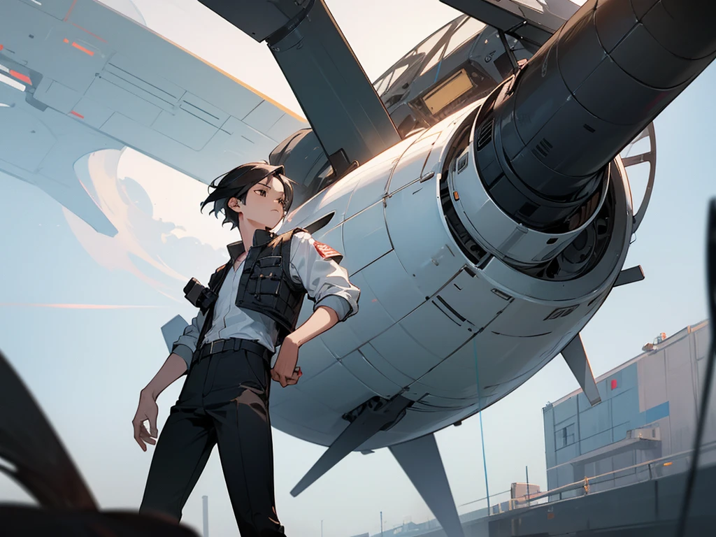 Boy 1.78 meters, White skin, black hair, Brown eyes, aviation vest, black skinny pants, Masterpiece.