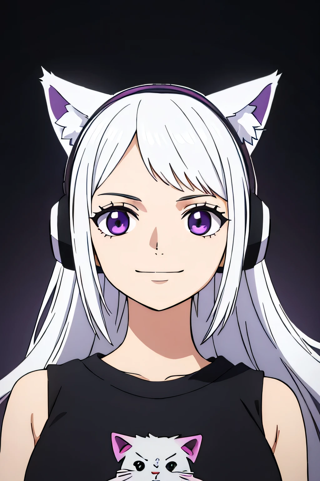 Portrait of a wolf-cut white hair which is not tied, black eyed anime girl with purple and black headphones over her head. plain black Tshirt, smile, plain dark grey background, entire upper body, entire head, no cat ears