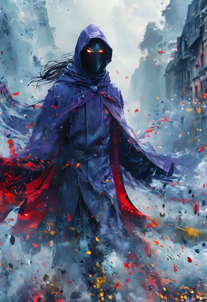 (Masterpiece, 8K, UHD, high resolution: 1.4), stylized portrait of Raven from  Titans in Spider-Verse style, (classic Raven outfit with cape and hood: 1.3), (bright violet eyes: 1.2), (short, dark hair: 1.2), (confident and mysterious pose: 1.2), (background with comic book elements, vibrant colors, and distortion effects: 1.3), (dynamic shadows and lights: 1.2), (dark and electrifying atmosphere: 1.3), intricate and textured details, (elements of fantasy and action: 1.2), (dynamic and powerful perspective: 1.3)