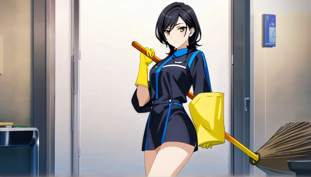 (Anime Infinite Stratus Art, 8k, ultra full high definition, epic quality, epic texture). The theme is hospital hygiene. The setting is a hospital room, very detailed. There is a woman, milf, Brazilian, her name is Regina, she is 51 years old, very short estature, she has very long black hair, she has a beautiful face, some expression lines due to her age, light brown eyes, white skin, very skinny, very narrow chest, small breasts, very thin waist, very narrow hips, small and round butt, slender legs, she works with hygiene, wears a very tight full navy blue sanitation uniform, she use long yellow rubber gloves, she holds a broom, black hygiene boots, she is sensual and cheerful, she leaves men enchanted. the atmosphere is calm and sensual.
