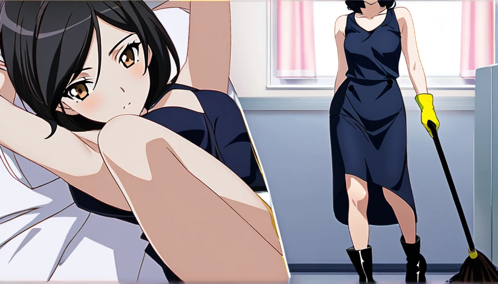 (Anime Infinite Stratus Art, 8k, ultra full high definition, epic quality, epic texture). The theme is hospital hygiene. The setting is a hospital room, very detailed. There is a woman, milf, Brazilian, her name is Regina, she is 51 years old, very short estature, she has very long black hair, she has a beautiful face, some expression lines due to her age, light brown eyes, white skin, very skinny, very narrow chest, small breasts, very thin waist, very narrow hips, small and round butt, slender legs, she works with hygiene, wears a very tight full navy blue sanitation uniform, she use long yellow rubber gloves, she holds a broom, black hygiene boots, she is sensual and cheerful, she leaves men enchanted. the atmosphere is calm and sensual.