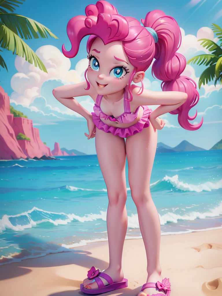 Pinkie Pie, 1 girl, Equestria Girls, magenta hair, long ponytail, blue eyes, pale skin, wet body, shiny body, small, masterpiece, athletic body, full body, smilling, ((magenta frilly bikini, flip flops)), beach, clear sky, standing, hentai
