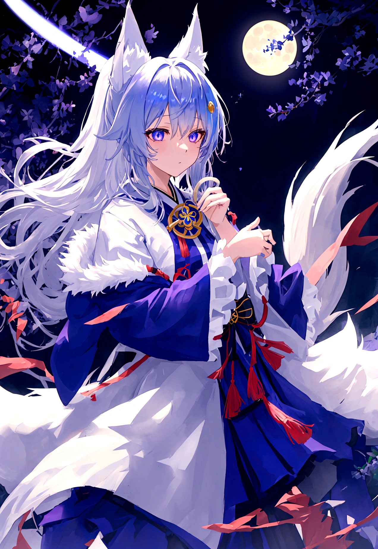 A girl in her twenties with blue-white hair, blue-purple gradient pupils, a small tail, and a fox-girl robe. girl, kimono, ponytail ,gray hair, purple eyes, magic circle, blue fire, blue flame, wallpaper, landscape, Blood, Blood splatter, Depth of the bounds written, night, particles of light, light, side light, thighs, destiny \(series\), genshin impact, open jacket, skirt, Thighhighs, cloud Anime Style fox blue White-faced golden-haired nine-tailed fox Coat blue Blue Moon Red Moon mysterious background Blue Flame Anime Style fox blue White-faced golden-haired nine-tailed fox Coat blue mysterious background Blue Flame Anime Style A girl with long blonde hair and fox ears is standing in front of a full moon, Blue haired wolf girl, A very beautiful anime fox girl, Ahri, Beautiful fox woman, Anime Wallpaper, Blue Fire Power, Fox Three-tailed fox, Anime Wallpaper, Beautiful Heavenly Magician Indigo and white fur Beastman Fox Indigo mysterious background Blue Flame Beastman Beautiful eyes、Beautiful eyes Well-formed face Floating Mysterious Sphere Clench your fists