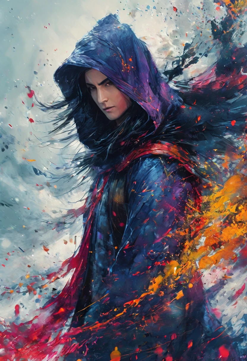 (Masterpiece, 8K, UHD, high resolution: 1.4), stylized portrait of Raven from Teen Titans in Spider-Verse style, (classic Raven outfit with cape and hood: 1.3), (bright violet eyes: 1.2), (short, dark hair: 1.2), (confident and mysterious pose: 1.2), (background with comic book elements, vibrant colors, and distortion effects: 1.3), (dynamic shadows and lights: 1.2), (dark and electrifying atmosphere: 1.3), intricate and textured details, (elements of fantasy and action: 1.2), (dynamic and powerful perspective: 1.3)